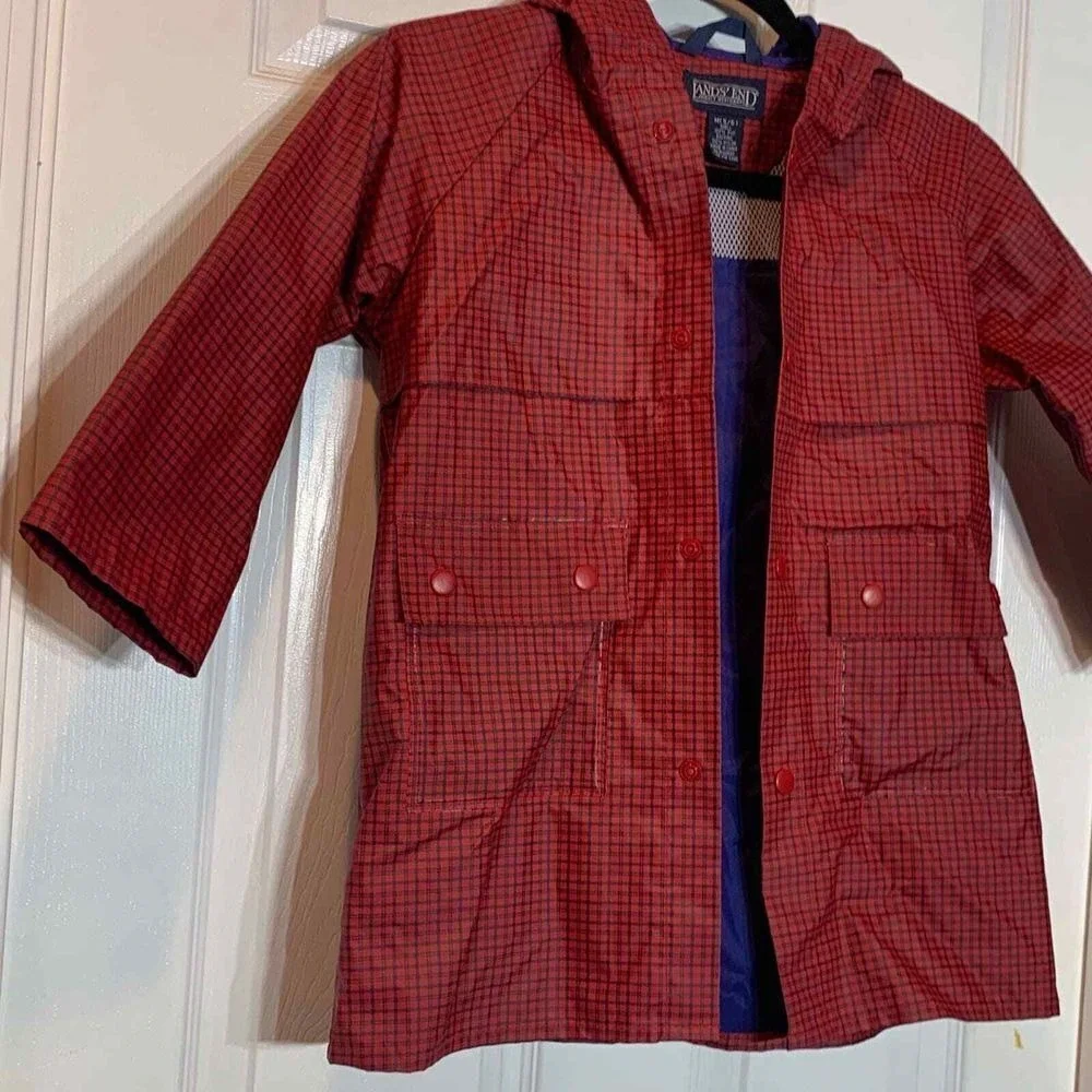 EUC Land's End Red and Blue Plaid Raincoat Windbreaker Size‎ Medium (5-6)